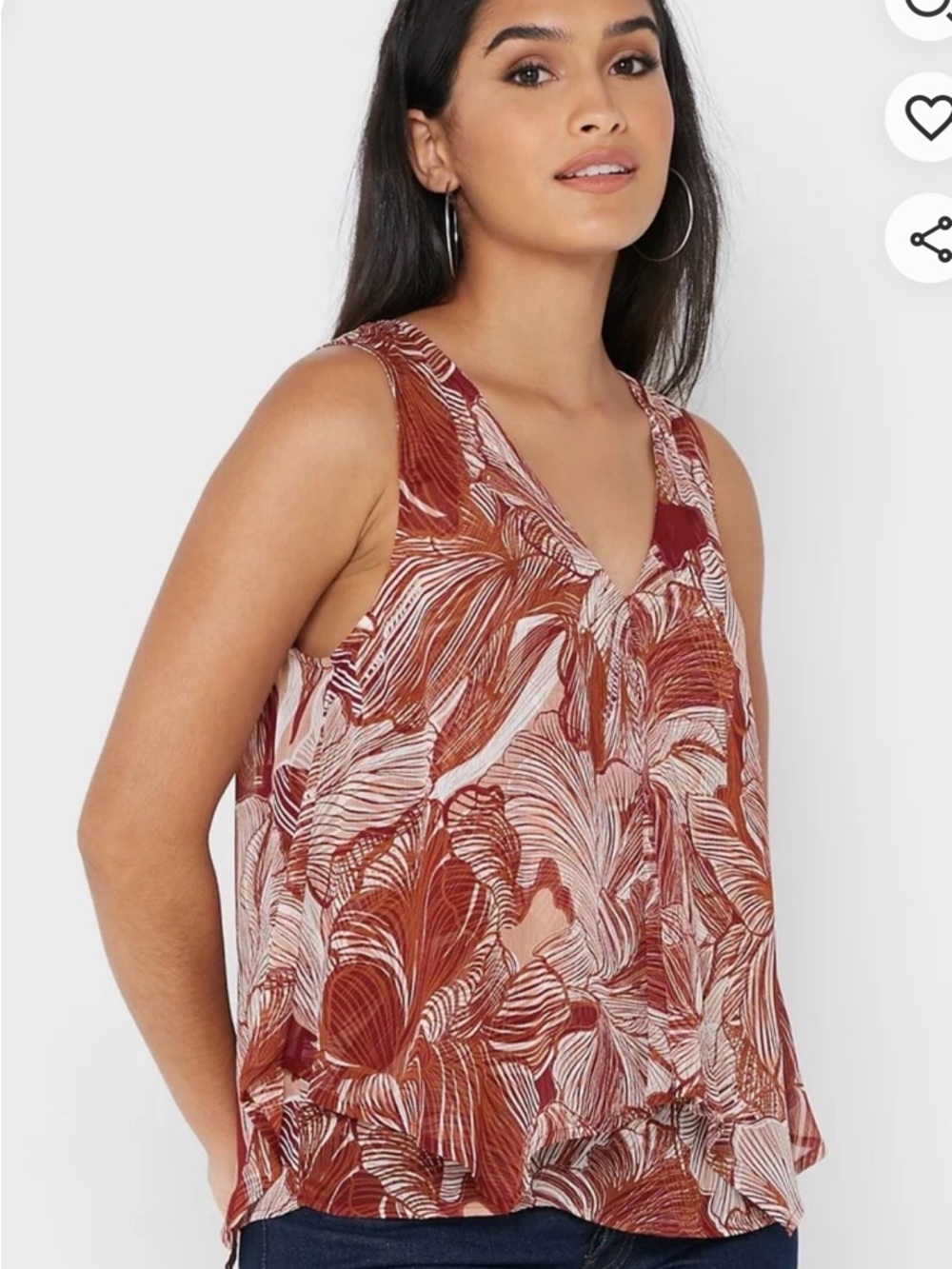 DKNY Brown & Cream Leaf-Print V-Neck Top